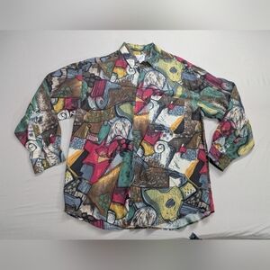 Goouch abstract art Silk button-front long sleeve shirt LARGE